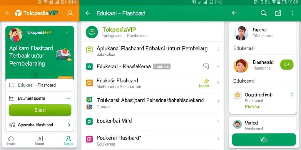 Screenshot aplikasi TOKOPEDIAVIP menampilkan antarmuka interaktif Flashcard.